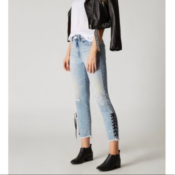 Blank NYC High Rise Tapered Lace Up Raw Hem Jeans - Picture 13 of 13